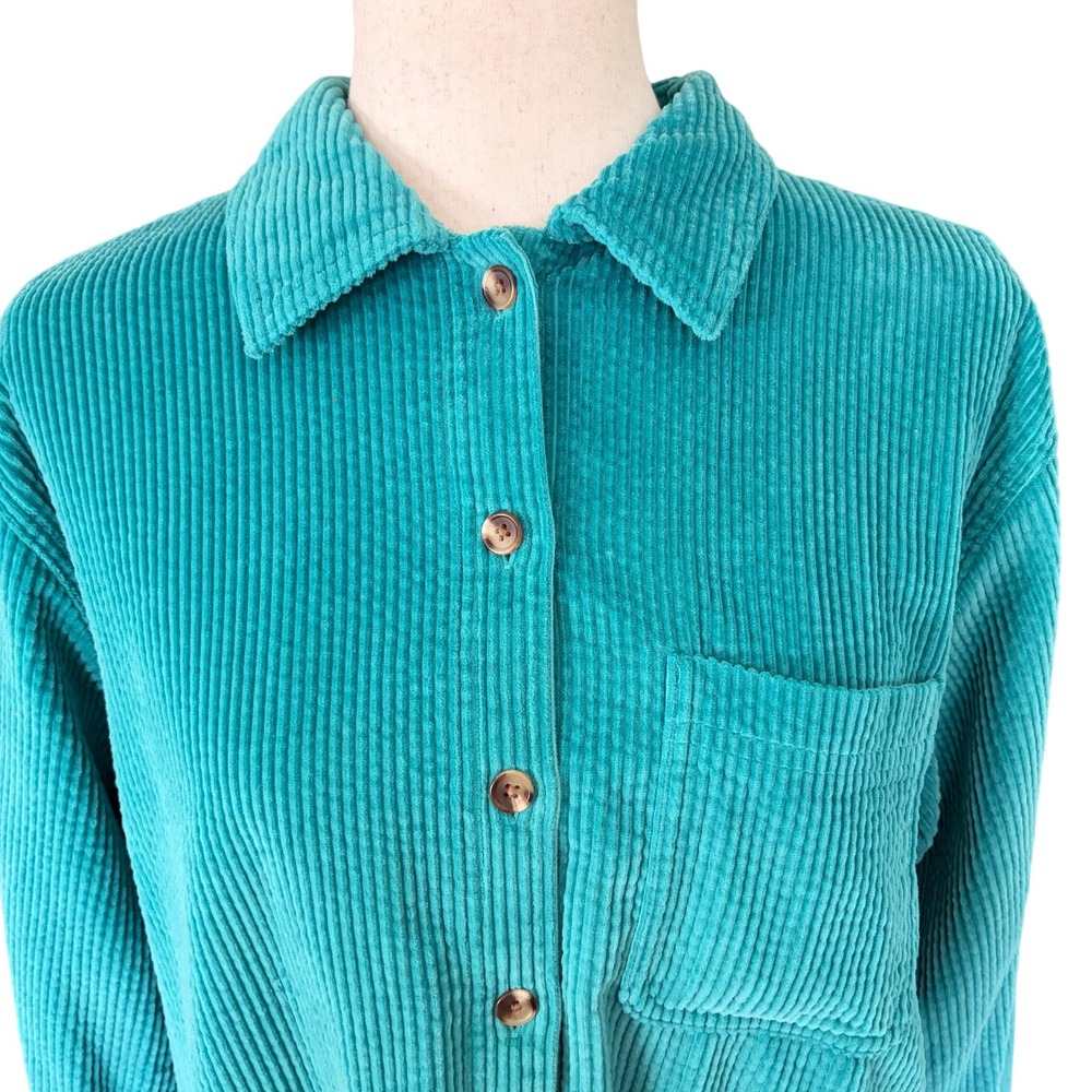 LL Bean Womens Teal Blue Corduroy Button Down Shirt M Medium 100% Cotton 273275